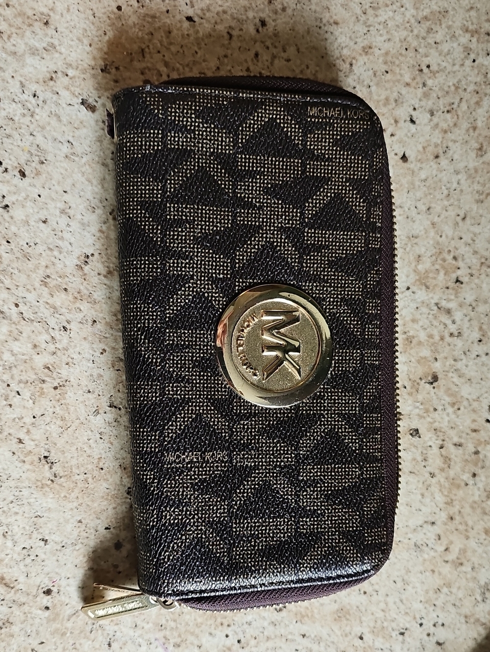 Michael Kors Brown and Gold MK Logo Zip Around Wallet
